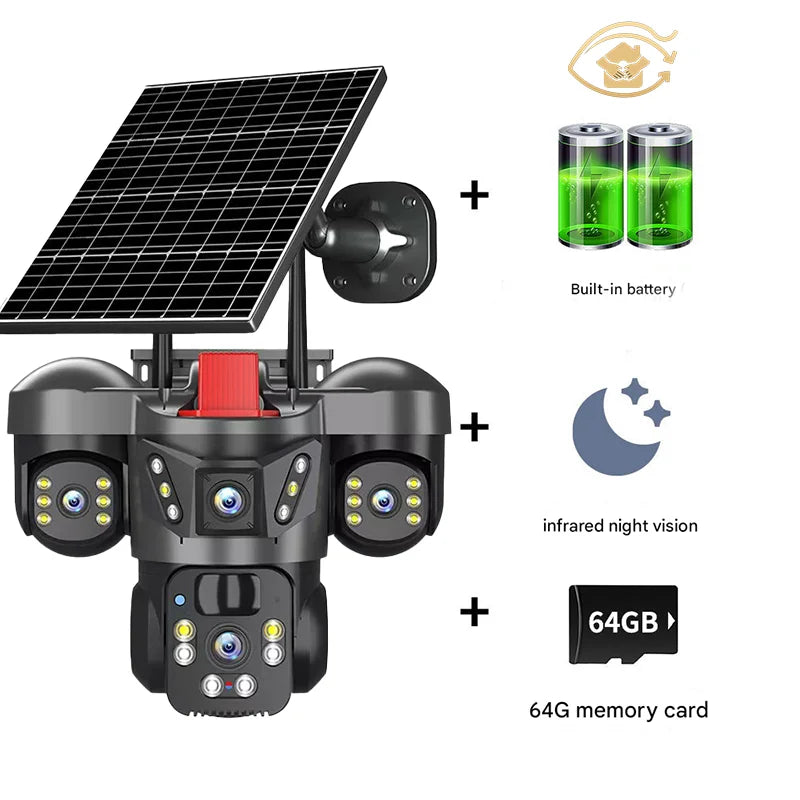15MP 4K Solar Wifi Security Camera 3 Lens 3 Screens PTZ 10X Zoom Outdoor Wireless Secure 360 Auto Tracking Smart Home CCTV Cam
