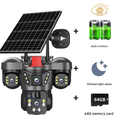 15MP 4K Solar Wifi Security Camera 3 Lens 3 Screens PTZ 10X Zoom Outdoor Wireless Secure 360 Auto Tracking Smart Home CCTV Cam