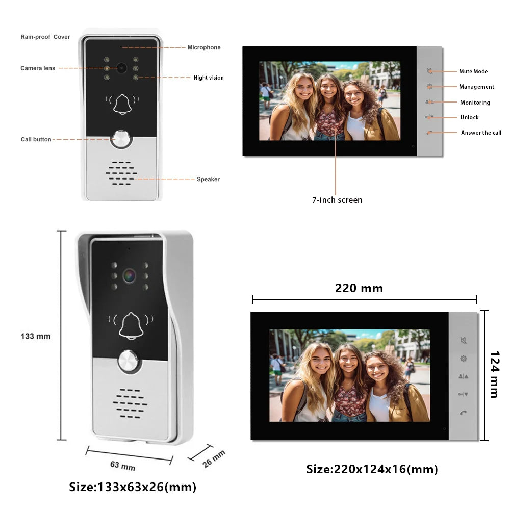 720P Video Doorbell 7‘’ Color Screen Home IntercomHigh-Definition Intelligent Night Vision Electronic Access Control System