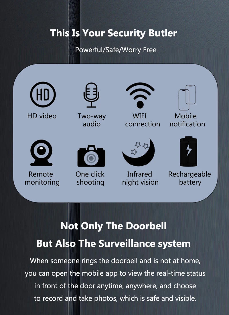 WiFi Video Doorbell Smart Home Door Bell Night Vision Wireless Visual Intercom Doorbell Two-Way Audio Visual Doorbell Monitoring