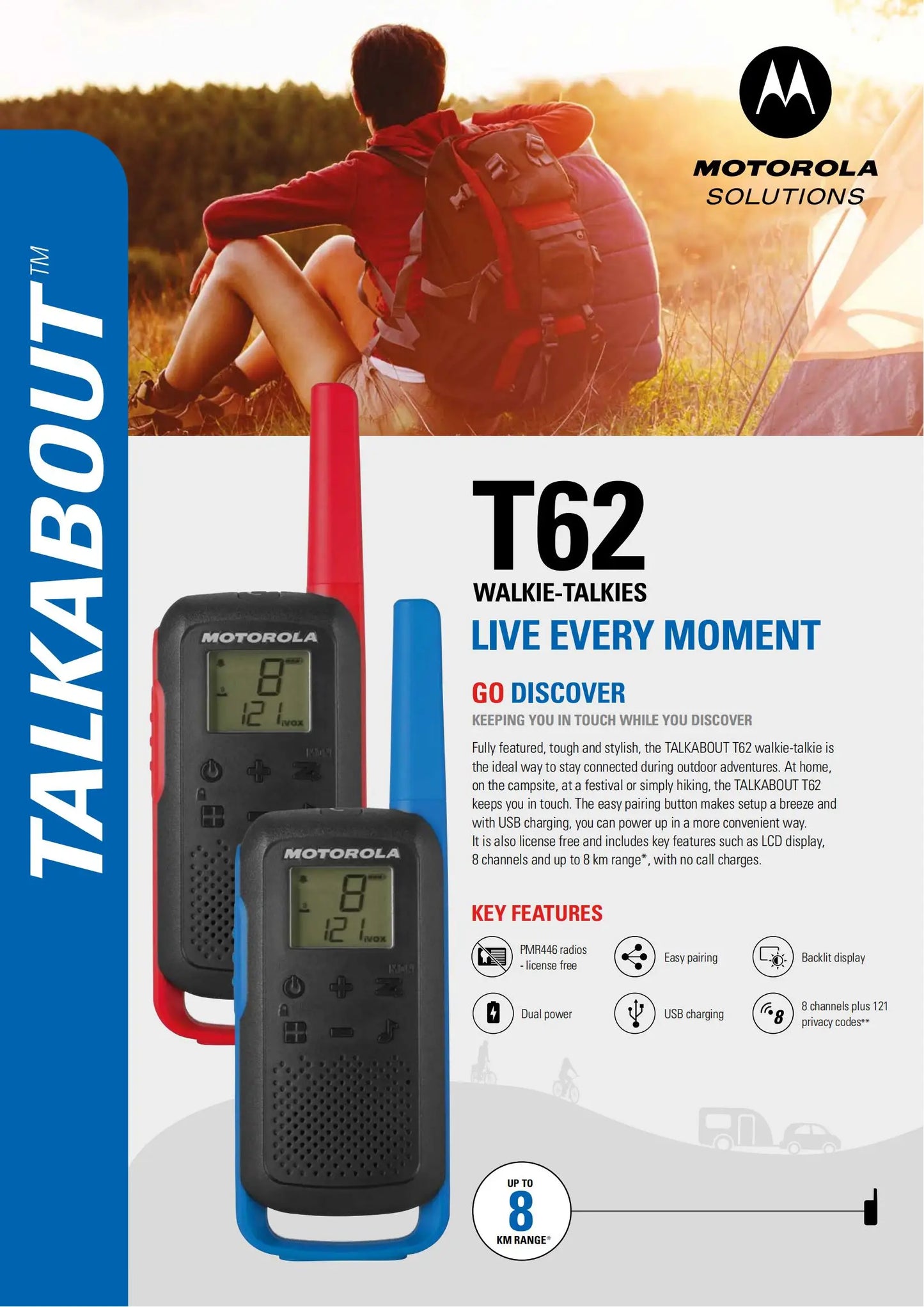 Motorola-T62 Go Walkie Talkie 16 Channels up to 8 km Range, No Call charges Outdoor adventures Travel