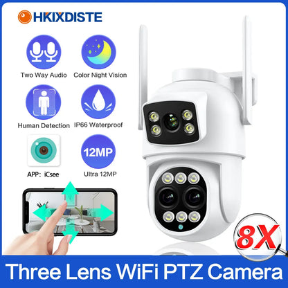 ICSEE Smart WIFI Security Camera 12MP 8K Three Lens 8X Zoom Outdoor HD Video Surveillance IP Cameras IPTV CCTV PTZ Auto Tracking