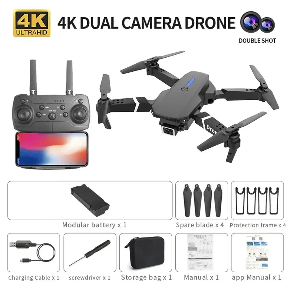 Professional 4K Wide Angle Drone E88 with HD Camera WiFi FPV Height Hold Foldable RC Quadrotor for Kids Toys