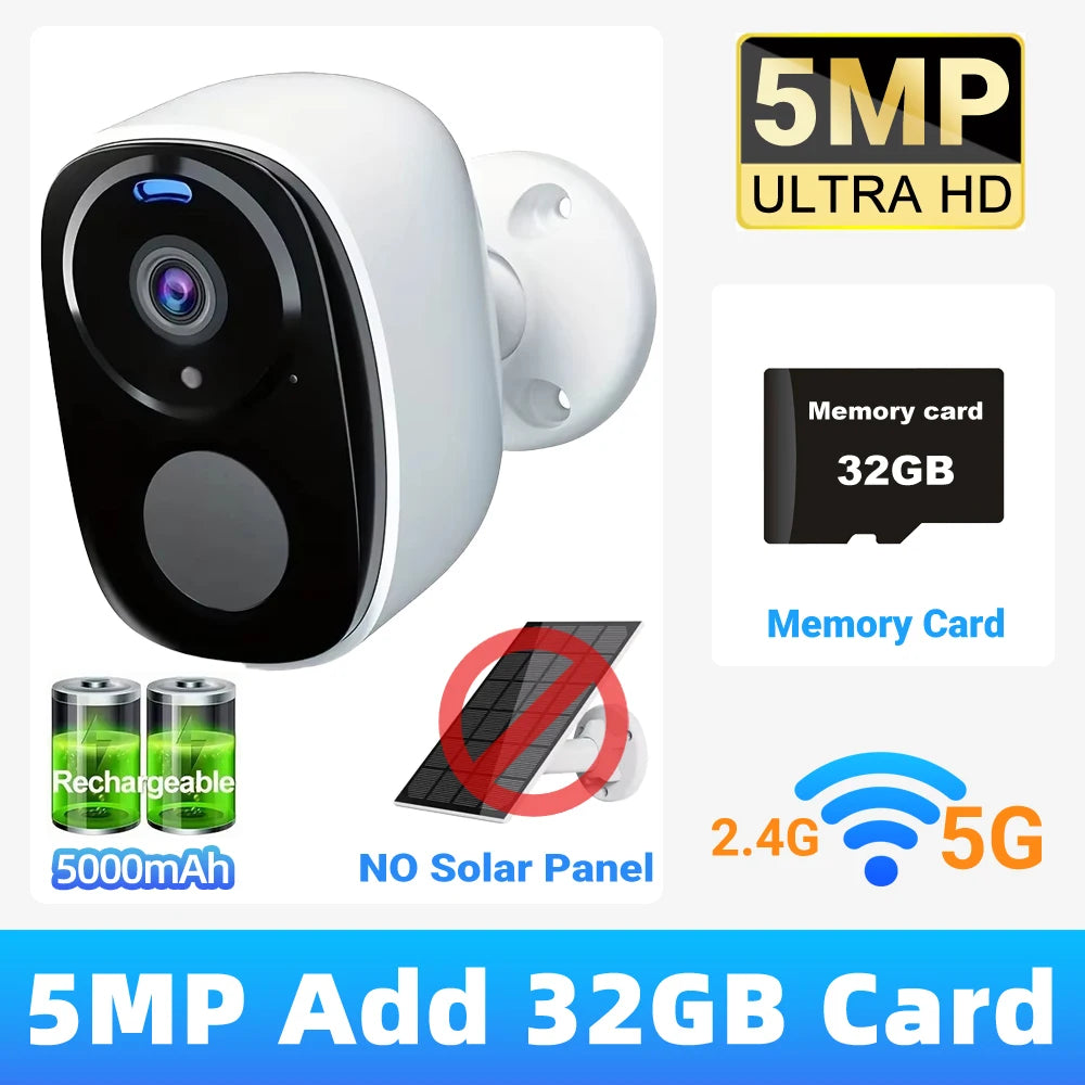 2K 5MP Solar Security Camera Wireless Outdoor Color Night Vision Battery Powered Support 5G WiFi, PIR, Waterproof, Two-Way Alexa