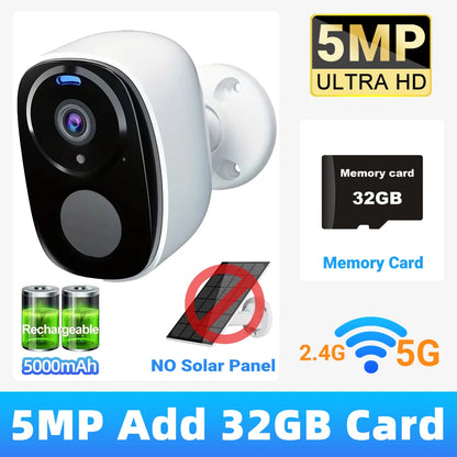 2K 5MP Solar Security Camera Wireless Outdoor Color Night Vision Battery Powered Support 5G WiFi, PIR, Waterproof, Two-Way Alexa