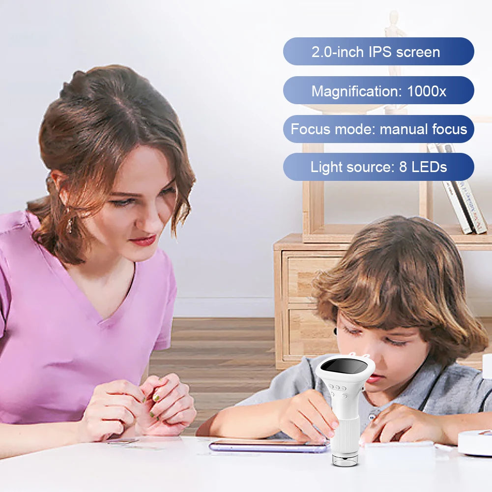 1000X Electronic Magnifier Camera 2MP Lens Handheld Digital Microscope 2 Inch IPS Screen Handheld HD Microscope with 8 LED Light