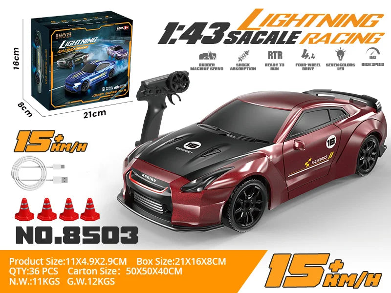 1/43 RC Cars LED Light 2.4G Radio Remote Control Sports Cars For Children Racing High Speed Drive Vehicle Drifts Boys Girls Toys