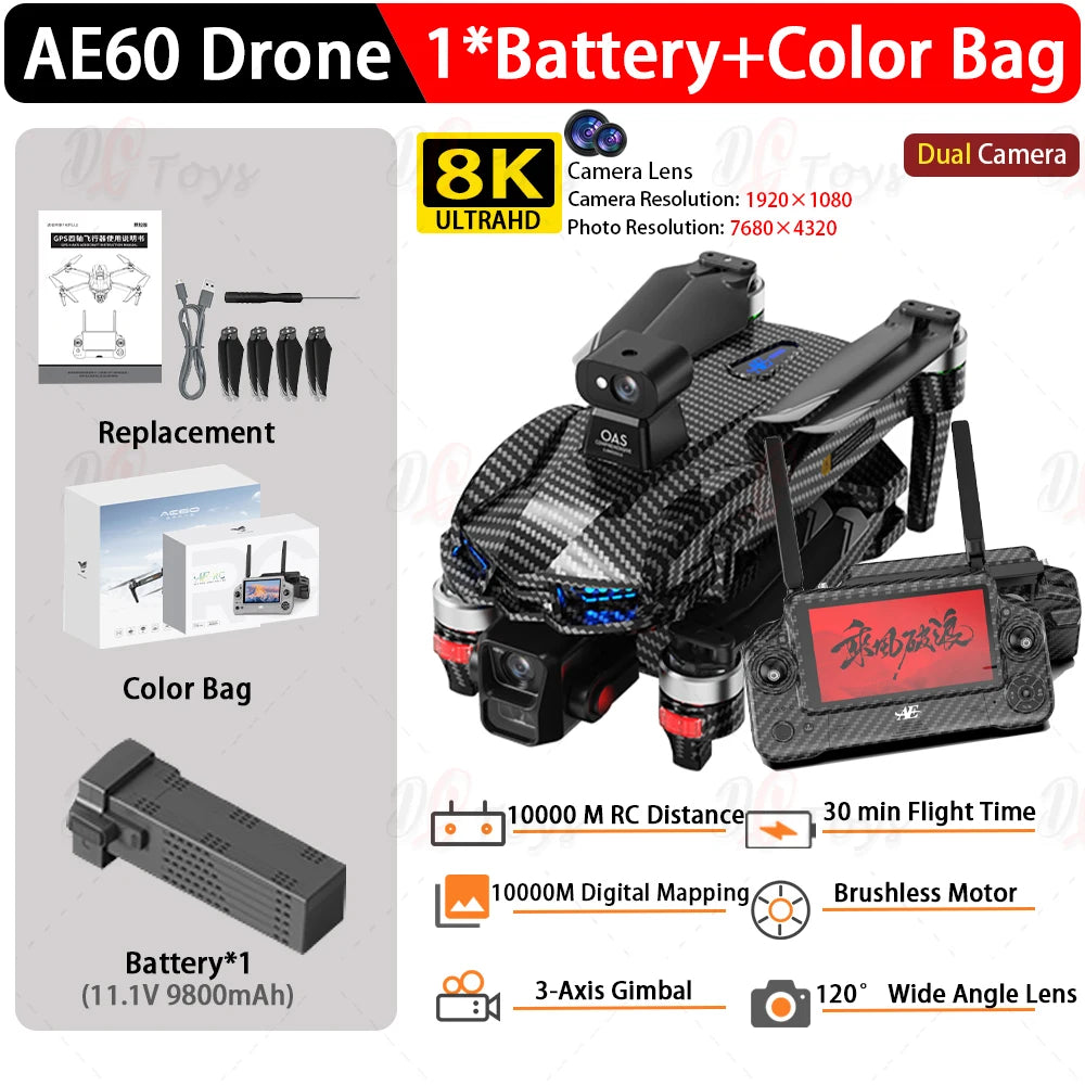 AE60 professional dron 7.2-inch touch screen RC 12KM drone with 8K dual cameras three-axis gimbal 5G GPS avoiding Quadcopter
