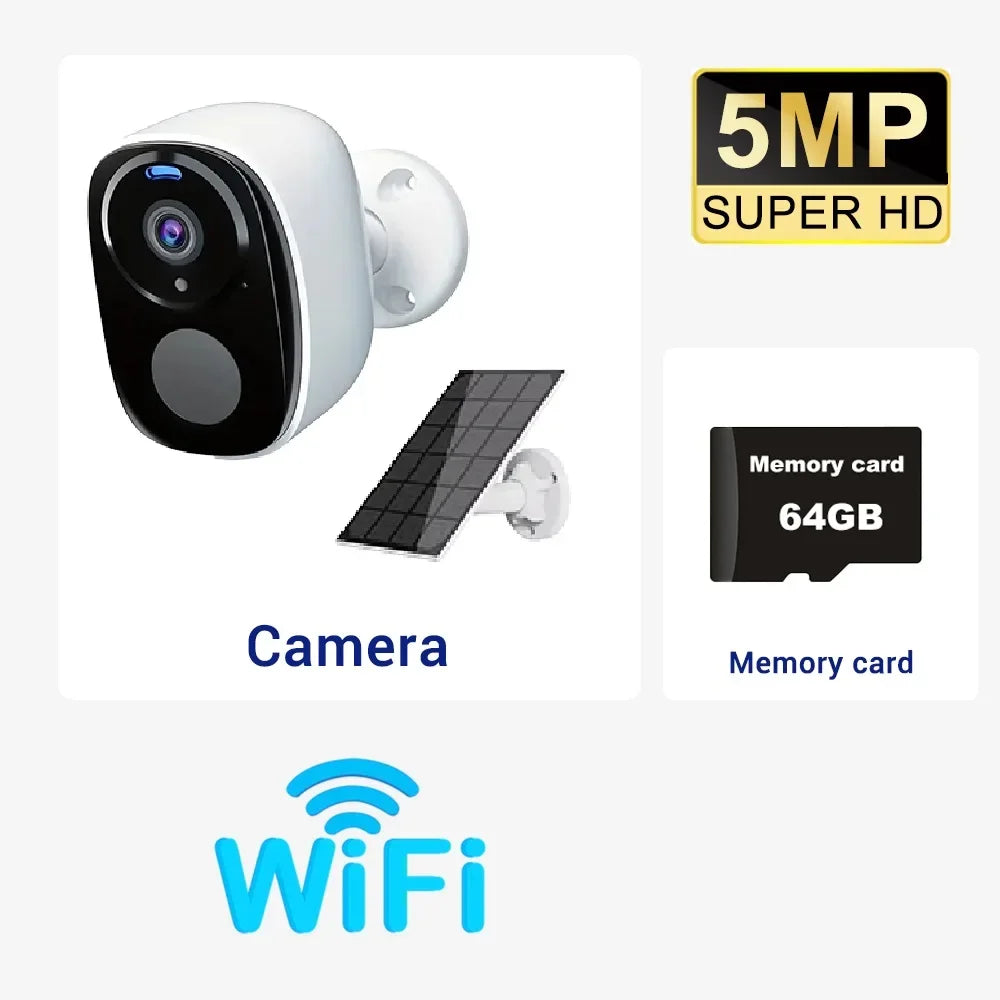 5MP Solar Security Camera 2.4G/5G WiFi Wireless Outdoor Color Night Vision Battery Powered Support PIR, Waterproof Two-Way Alexa
