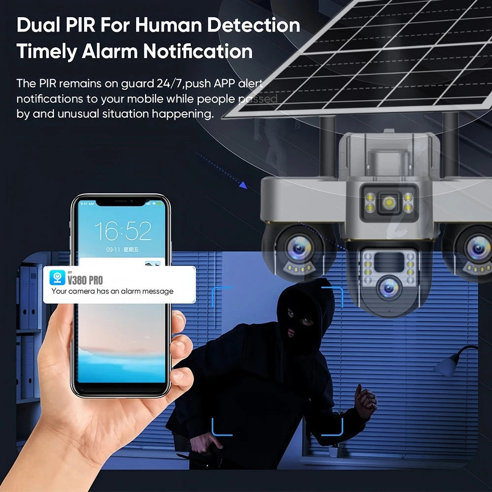 WiFi Security Solar Camera 3 Lens PTZ Outdoor IP66 15MP Motion Detection PIR Night Vision Solar Panel Monitor Multi Scene CCTV