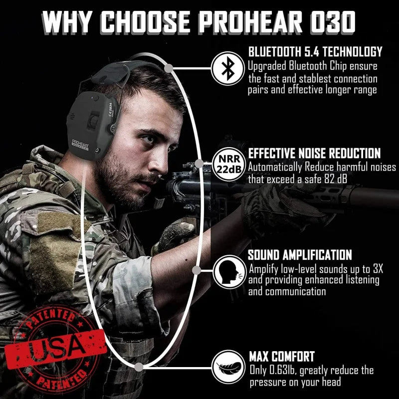 PROHEAR Bluetooth Electronic Tactical Earmuffs Sound Amplification Shooting Headset Noise Reduction Hunting Hearing Protection