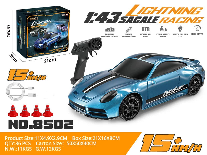 1/43 RC Cars LED Light 2.4G Radio Remote Control Sports Cars For Children Racing High Speed Drive Vehicle Drifts Boys Girls Toys