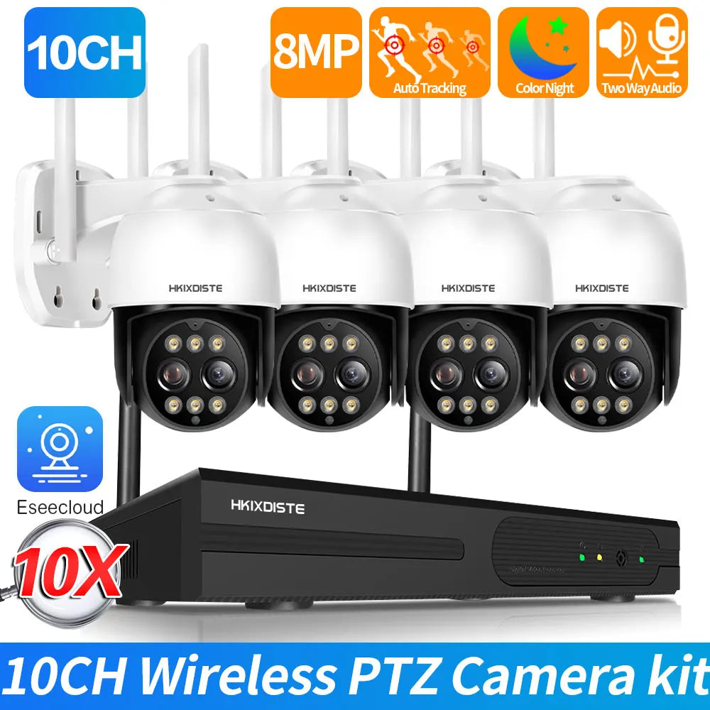 4K 8MP WiFi Security Camera System Kit Wireless CCTV System 10CH NVR Outdoor PTZ Two-Way Audio Video Surveillance Cameras P2P