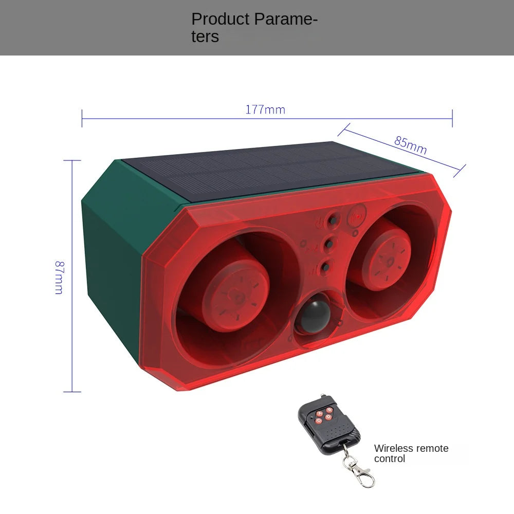 Solar alarm high power dual horn alarm light infrared induction flashing red and blue light animal repeller