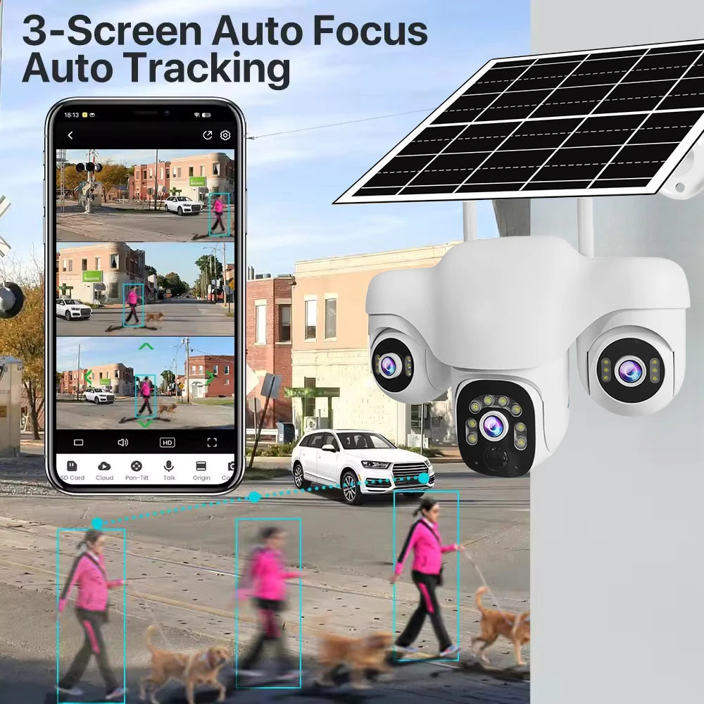 Home Security 4G IP Solar Camera Triple Screen 360°PTZ 10x Zoom CCTV 15MP Wireless Surveillance Security Protection IP Camera