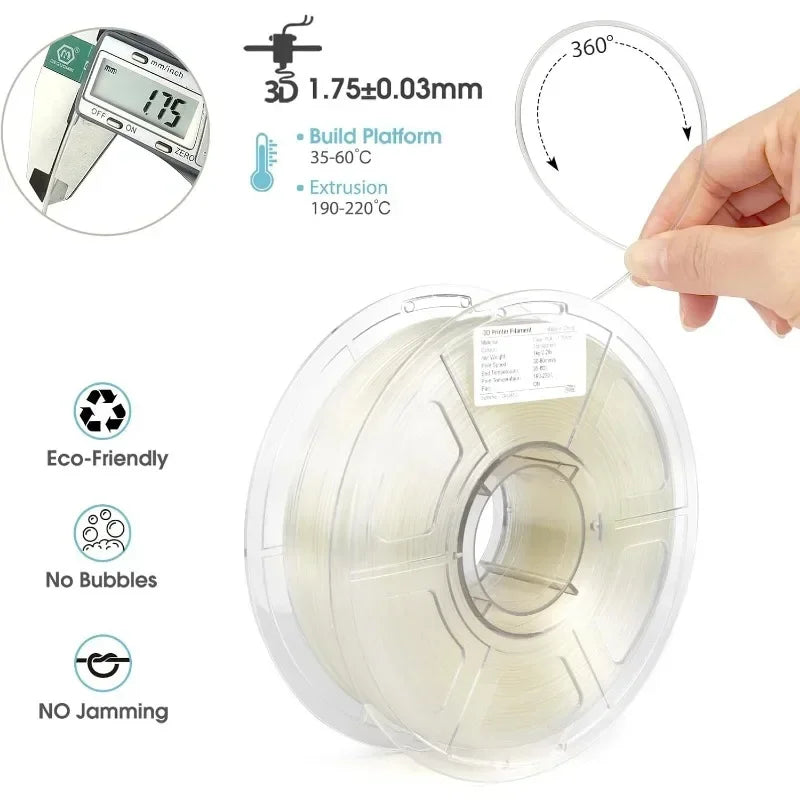 Clear PETG 3D Printer Filament 1.75mm Fast Print Speed High Accuracy ±0.02mm 1kg Transparent Direct Drive Compatible