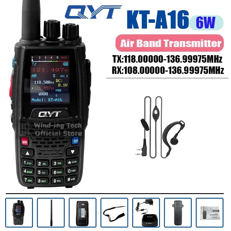 QYT KT-A16 Walkie Talkie 6W Air Band Transmitter VHF Transceiver 2000mAh NOAA Superheterodyne Circuit Aviation Portable Radios