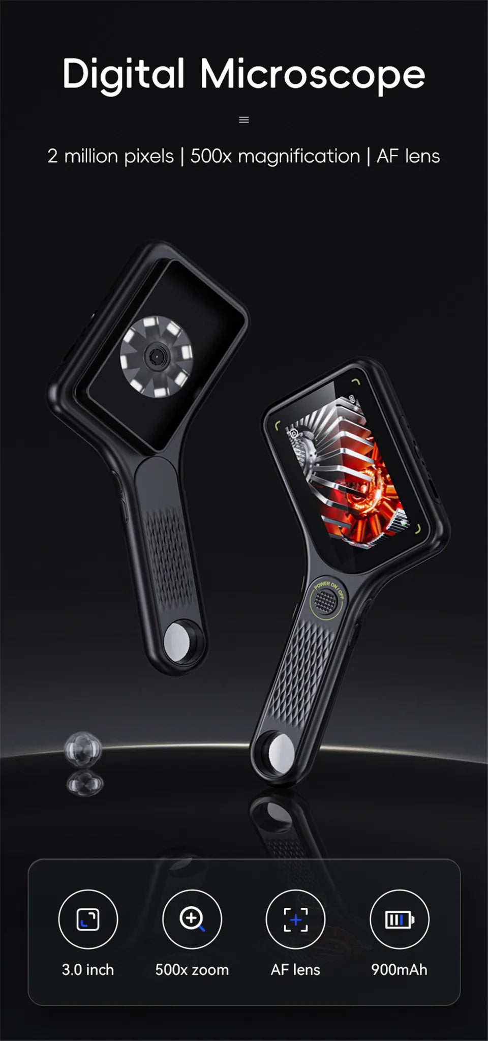 500X Digital Microscope 3-inch IPS Handheld Microscope Magnifier 2 Megapixel Magnifying Glass with 8Leds for Electronics Repair