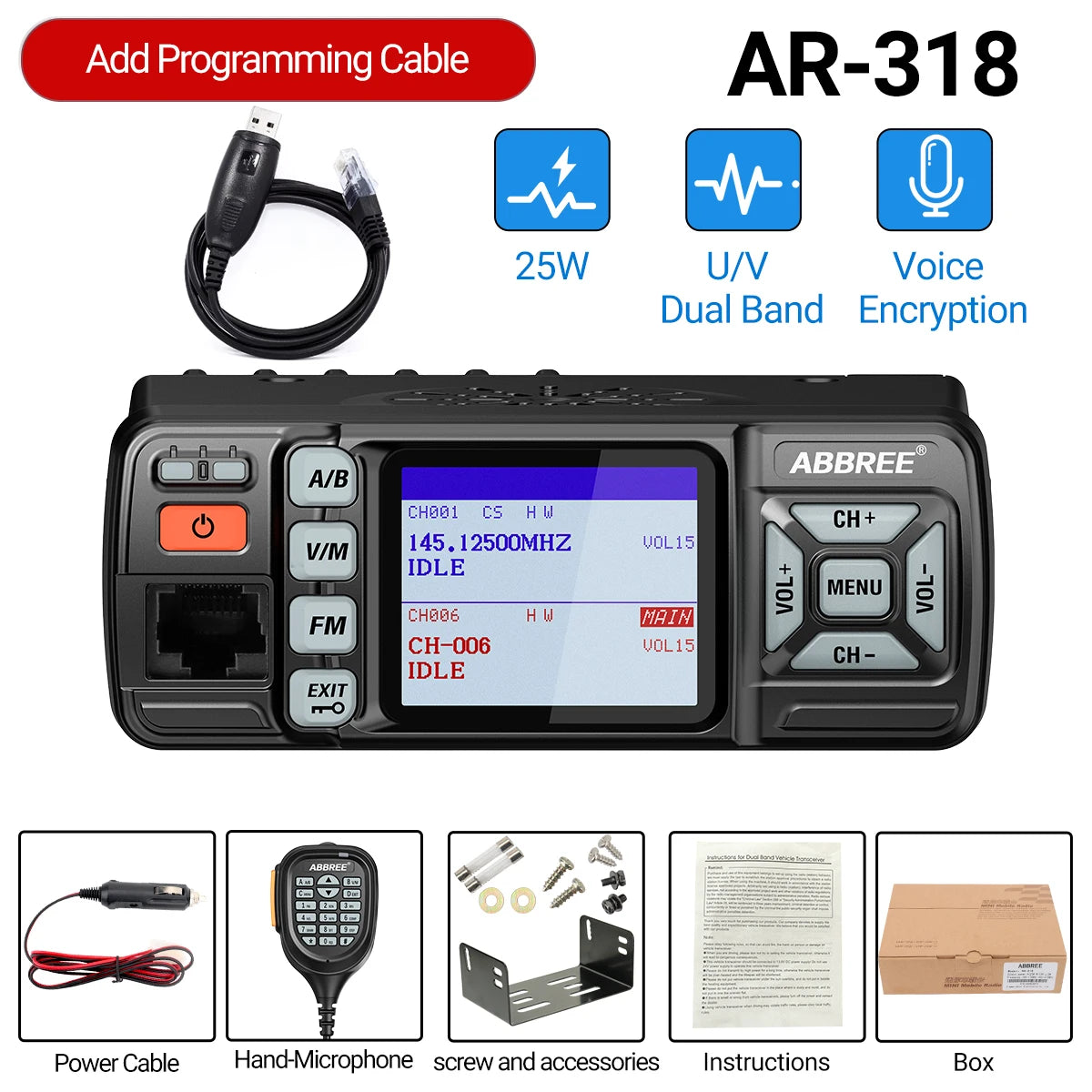 ABBREE Walkie Talkie AR-318 Mini Mobile Radio 25W U/V Band Long Range Dual Mode Watch Voice Encryption Car Walkie Talkie