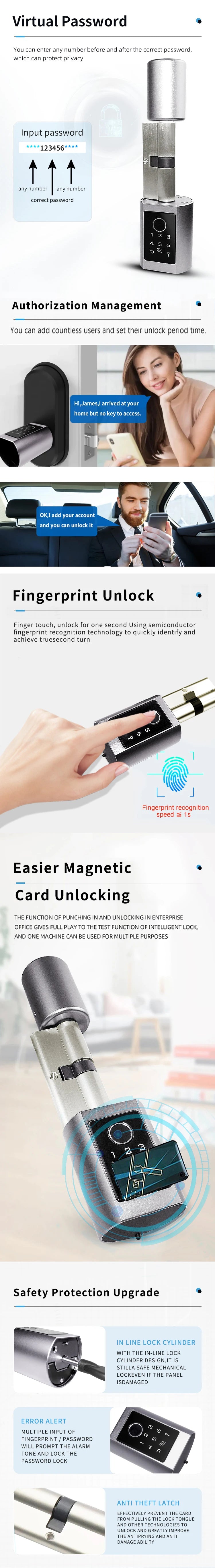 TTlock BLT APP Smart Cylinder Door Lock Bluetooth APP Waterproof Electronic Digital Password Card Mechanicak Key Unlock Home