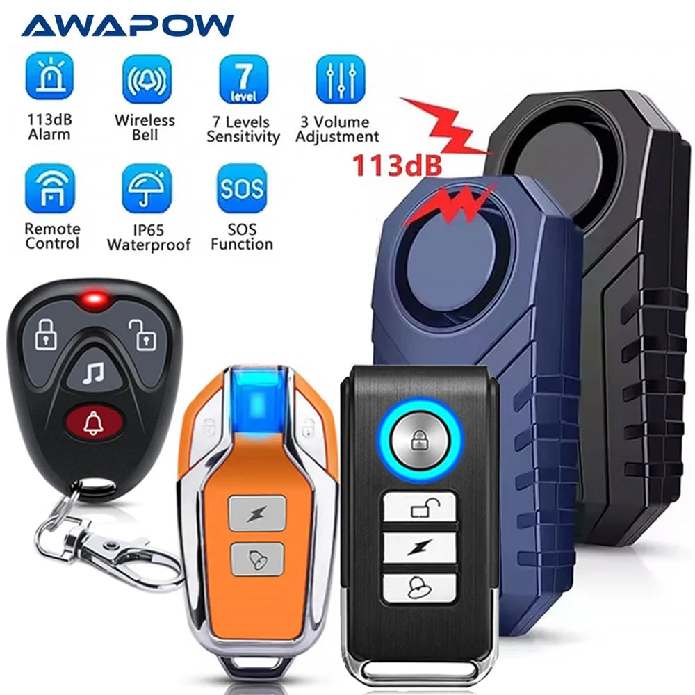 Awapow Bicycle Alarm 113dB Waterproof Motorcycle Security Burglar Wireless Remote Control Electric Scooter Bike Anti theft Alarm