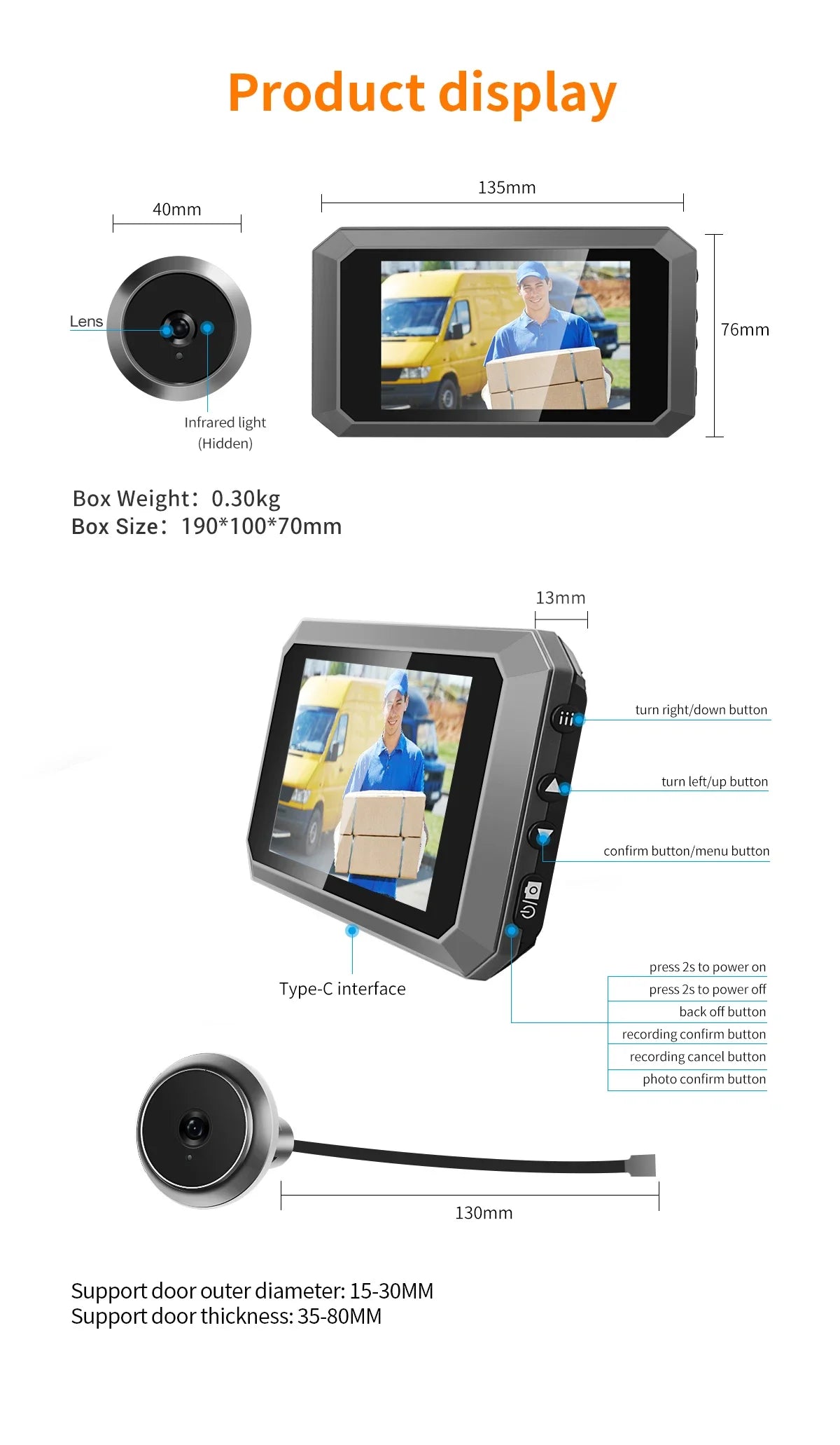 3.97inch Video Peephole Doorbell Camera Video-eye Auto Record Electronic Ring Night View Digital Door Viewer Entry Home Security