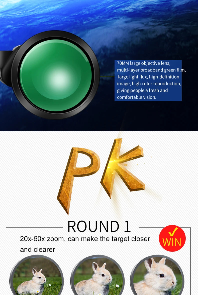 BORWOLF Large Objective lens 20-60X70 Binoculars FMC Optical High Power Hunting Birdwatching Telescope Fo rMoon Watching