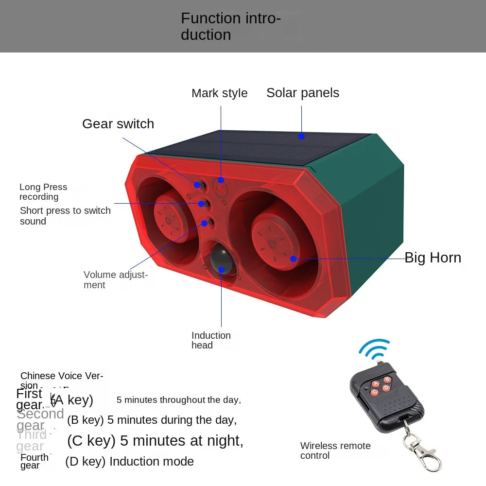 Solar alarm high power dual horn alarm light infrared induction flashing red and blue light animal repeller