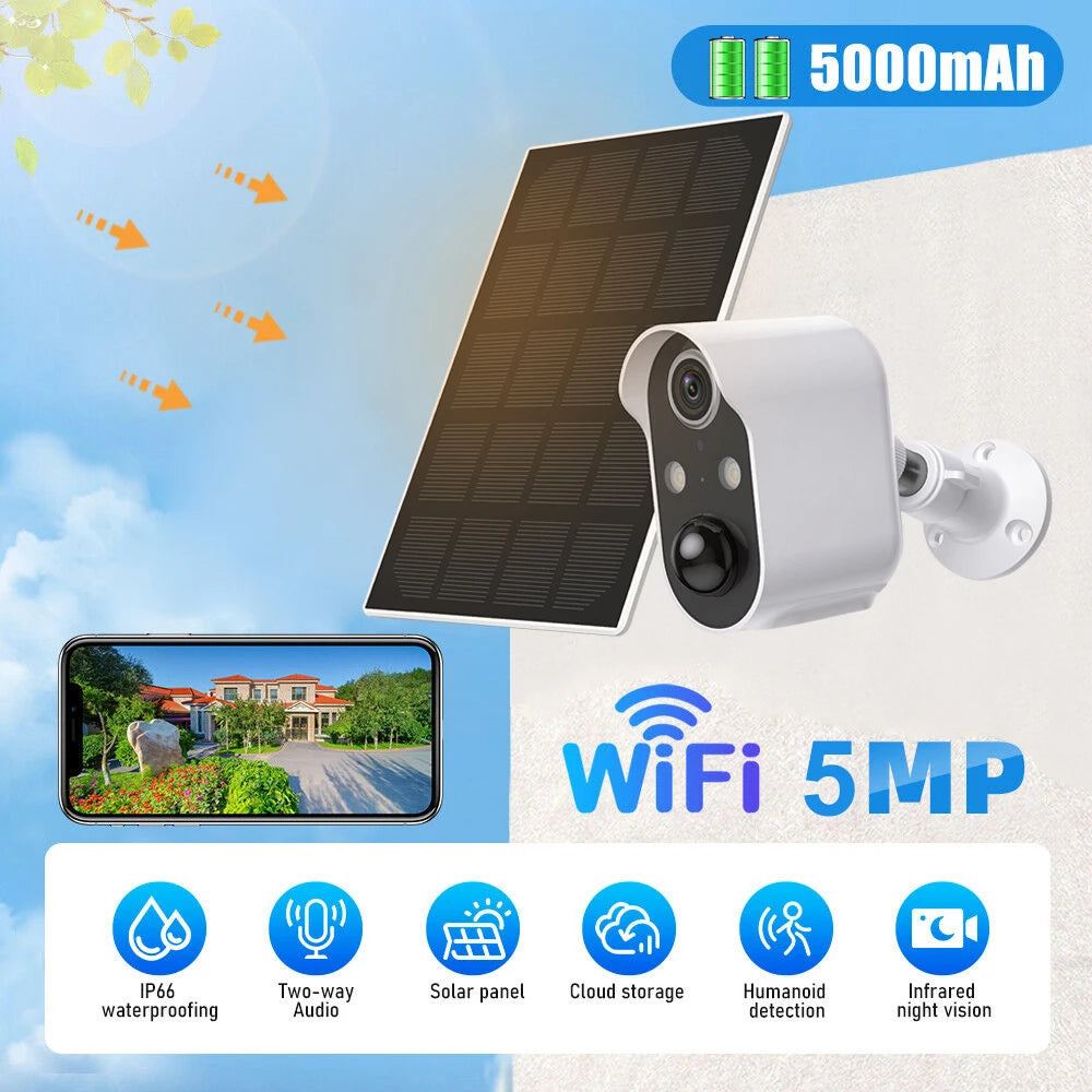 5MP WiFi Camera Security Protection Built In Battery/Solar Outdoor PIR Motion Detection Smart CCTV Video Surveillance Camcorder