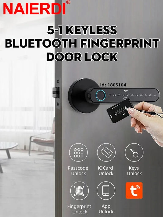 NAIERDI Smart Door Lock 5-1 Keyless Bluetooth Fingerprint Door Lock with Card Tuya APP Security Digital Door Lock with Handle