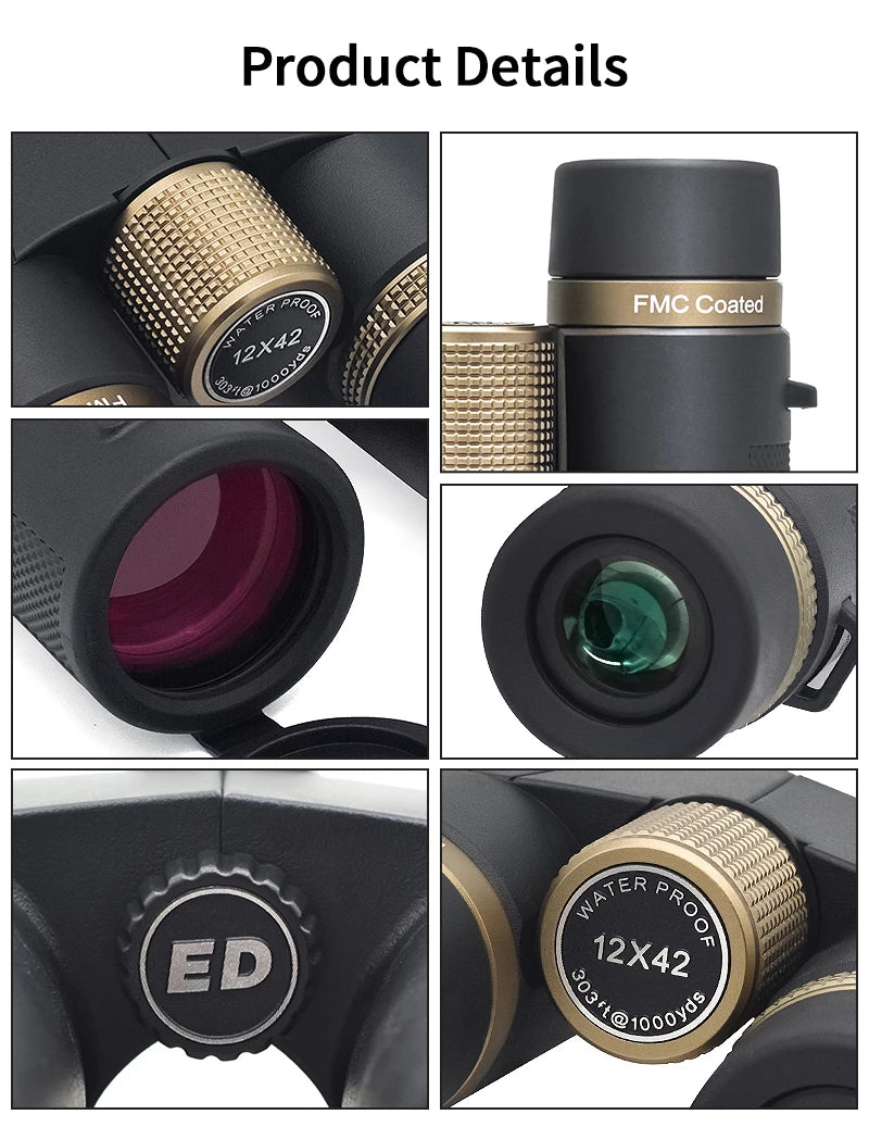 12x42 HD Professional Binoculars with ED Lens BAK4 Prism Waterproof Metal Body for Birdwatching Hunting Camping Travel Outdoor