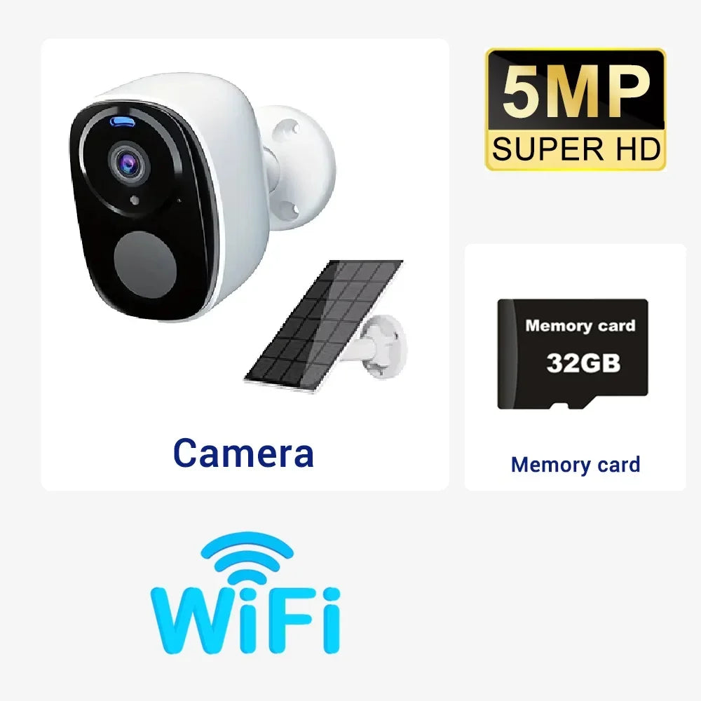 5MP Solar Security Camera 2.4G/5G WiFi Wireless Outdoor Color Night Vision Battery Powered Support PIR, Waterproof Two-Way Alexa