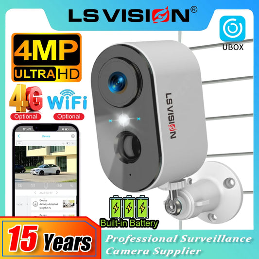 LS VISION 4MP 4G Security Cameras Wireless Outdoor WiFi PIR Detection Spotlight Siren Alarm Indoor Battery MIni Camera UBOX App