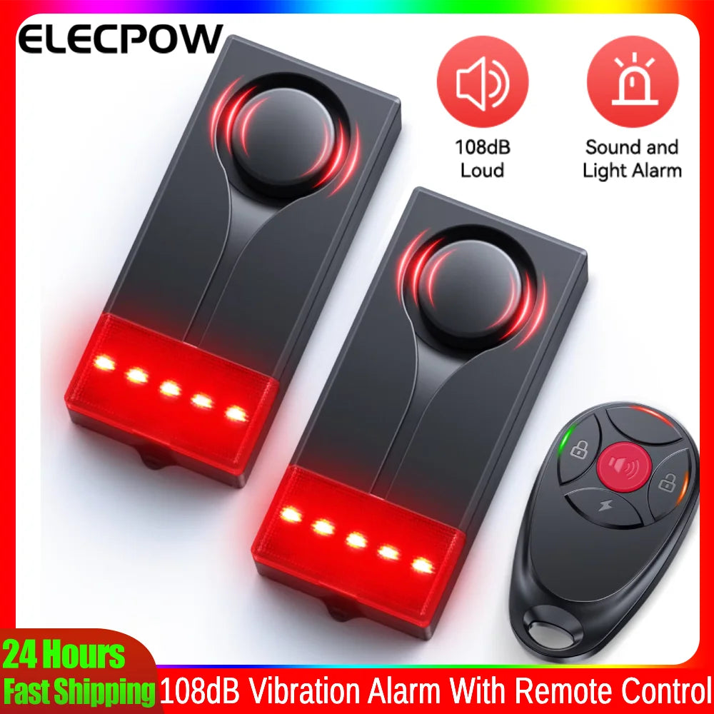 Wireless Car Vibration Alarm With Light 108dB Loud Car Door And Window Anti Theft Alarm Bike Motorcycle Security Alarm