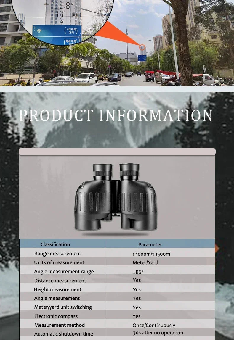 1500m Marine Binoculars for Adults 8x40 with Rangefinder and Compass IP65 Waterproof Marine UHD Binoculars Field of View 8°,