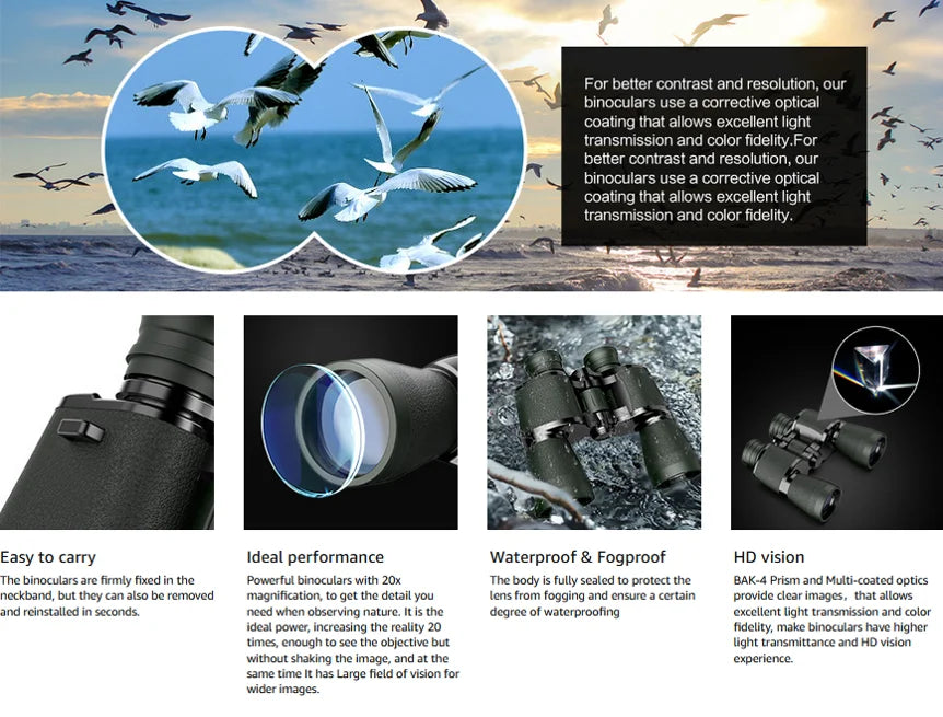 20x50 Powerful Binoculars for Adults IP67 Waterproof Large View Binocular With Clear Low Light Vision for Hunting Travel Outdoor