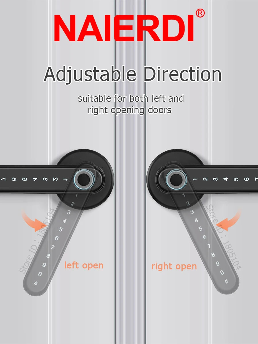NAIERDI Smart Door Lock 5-1 Keyless Bluetooth Fingerprint Door Lock with Card Tuya APP Security Digital Door Lock with Handle