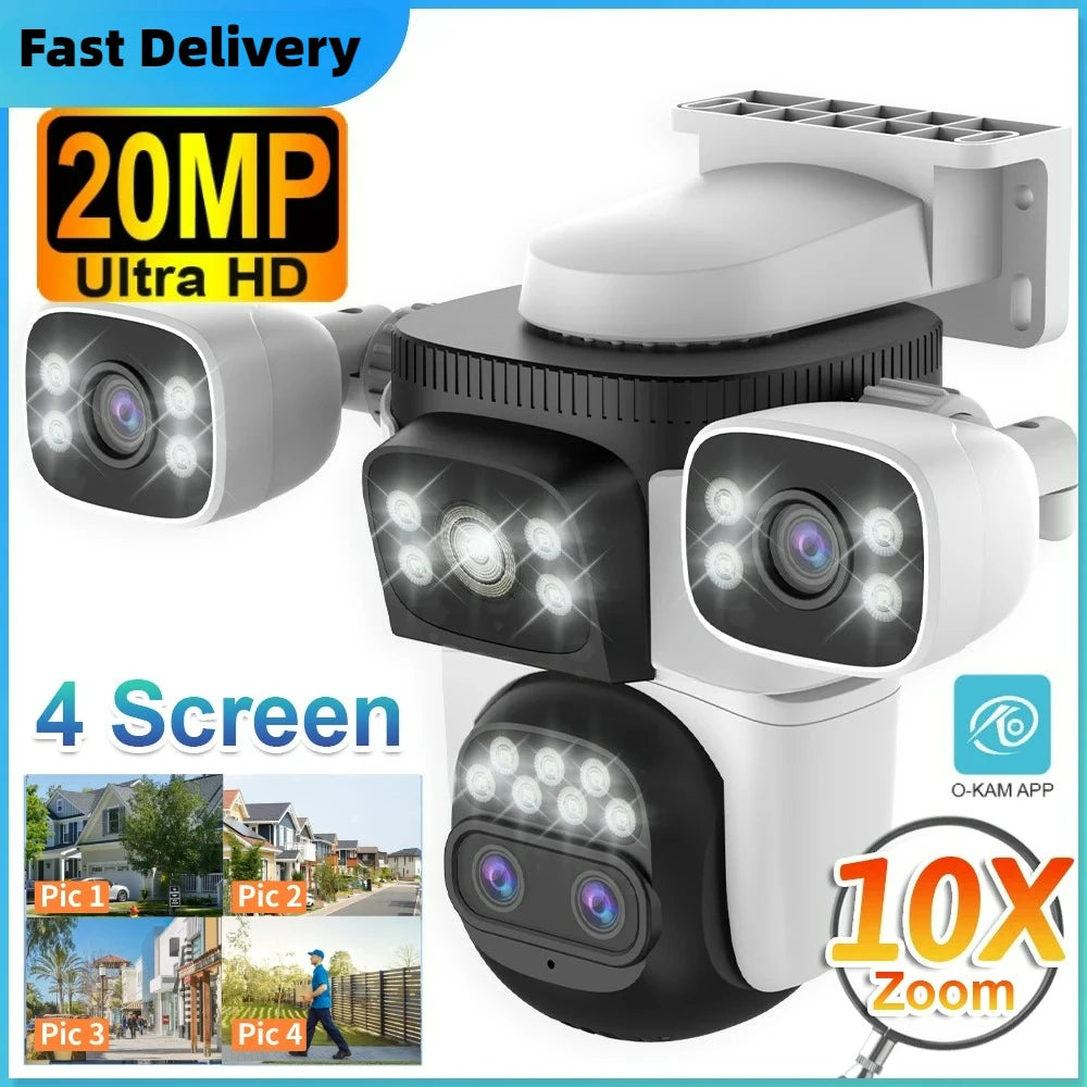 10K Home Security WiFi Camera Four Len Four Screen 360° 10X Zoom CCTV 20MP Wireless Surveillance IP Cam Security Dual Lens Cam