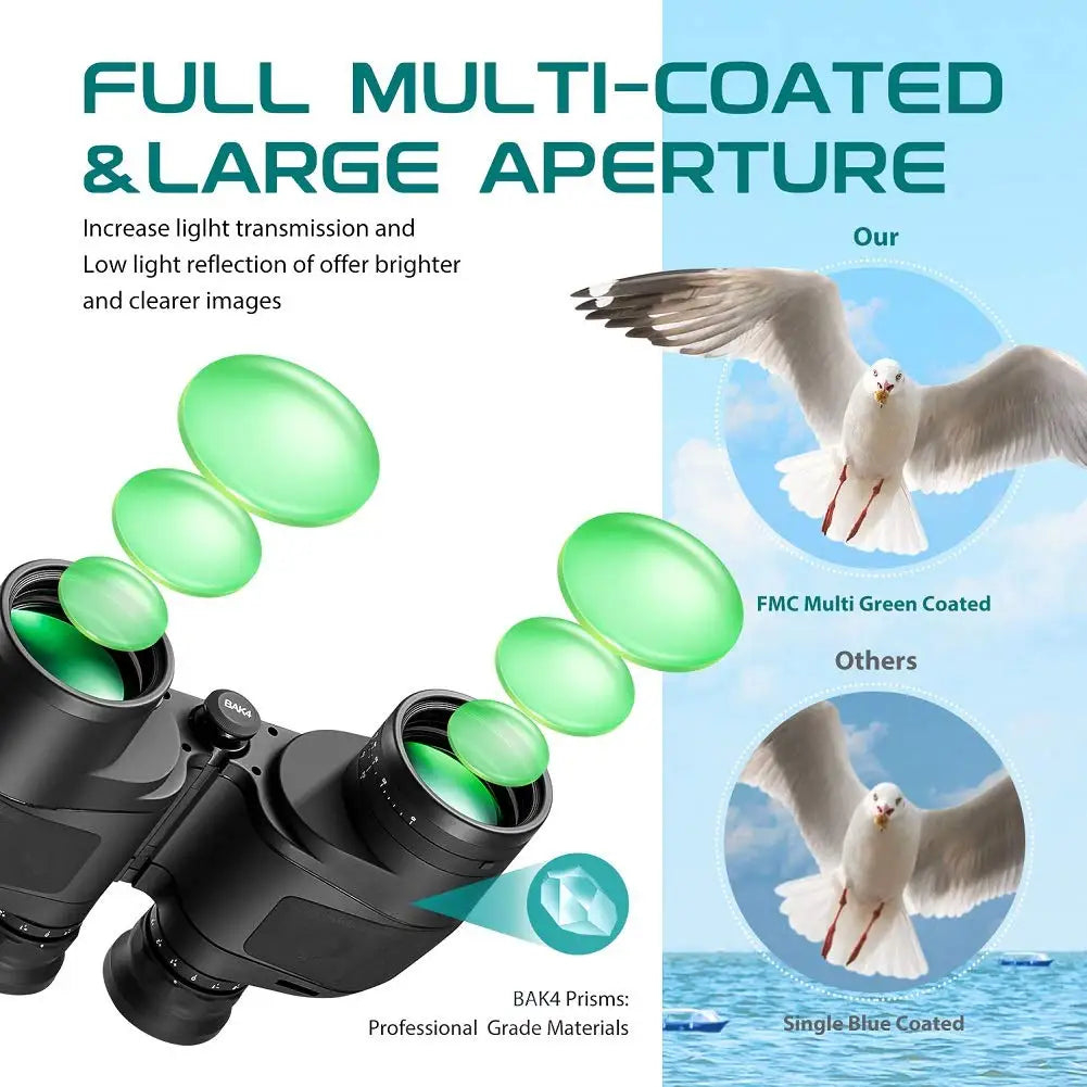 Binoculars 10x50 Marine Military Telescope Adults Waterproof With Rangefinder Compass BAK4 Prism HD Bird Watching For Hunting