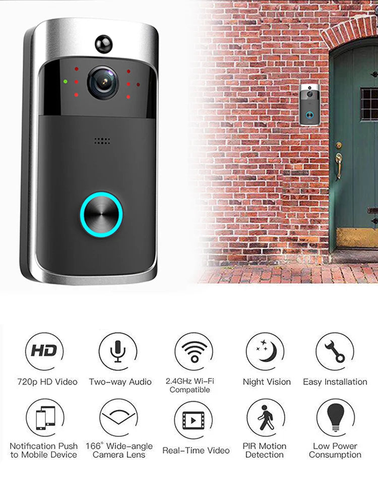 V5 Wireless Video Doorbell with Night Vision 720P HD Wide Angle Camera and PIR Motion Detection for Home Security
