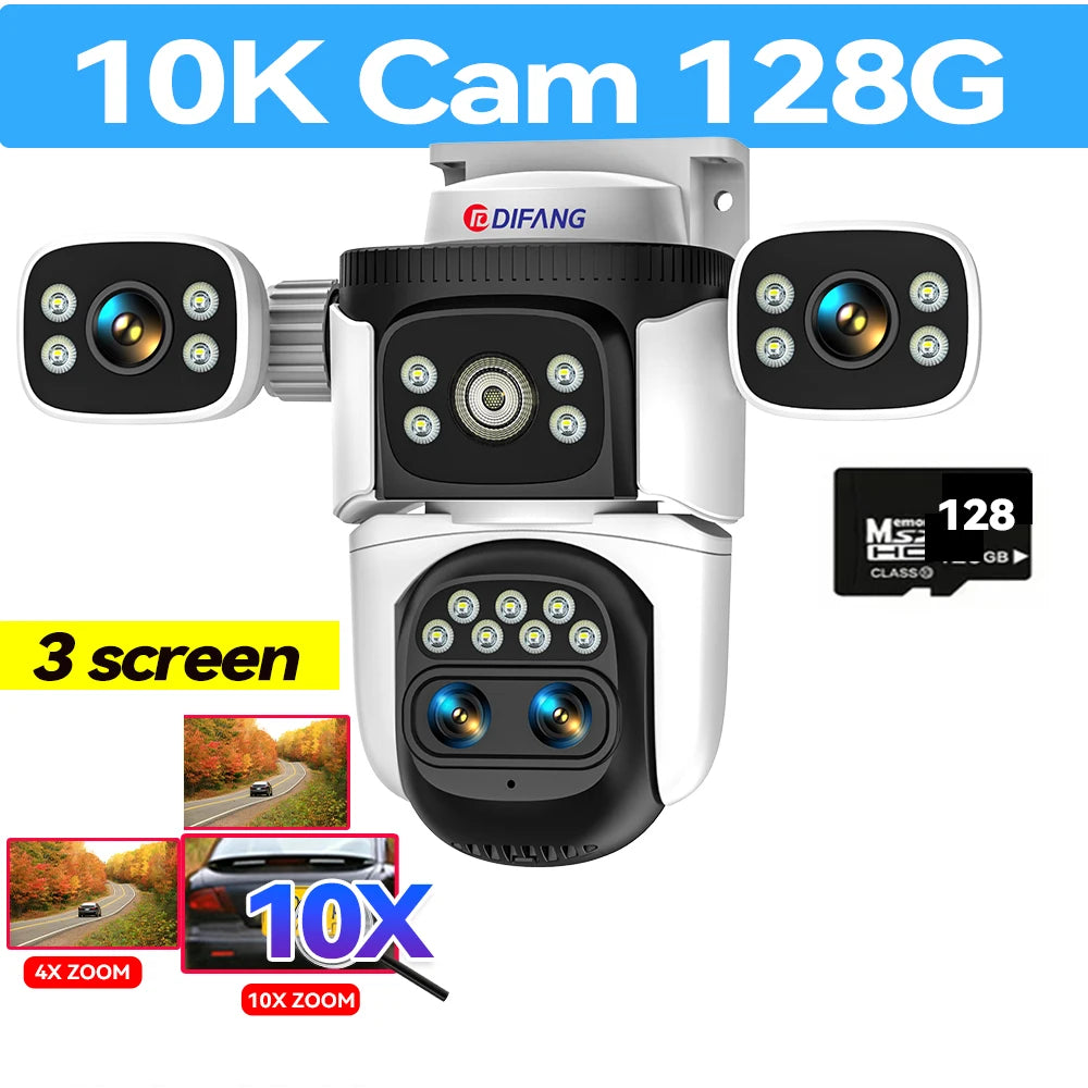 10K 20MP Three Screen Home Security WiFi Cam 360° PTZ 10X Zoom CCTV Wireless Surveillance IP Cam Security Protection Video Cam