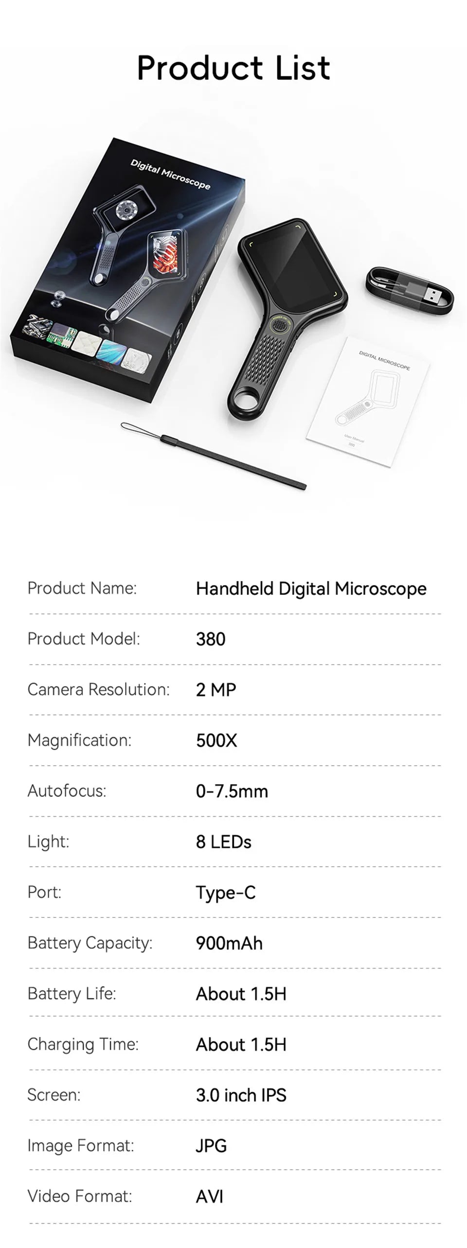 500X Digital Microscope 3-inch IPS Handheld Microscope Magnifier 2 Megapixel Magnifying Glass with 8Leds for Electronics Repair