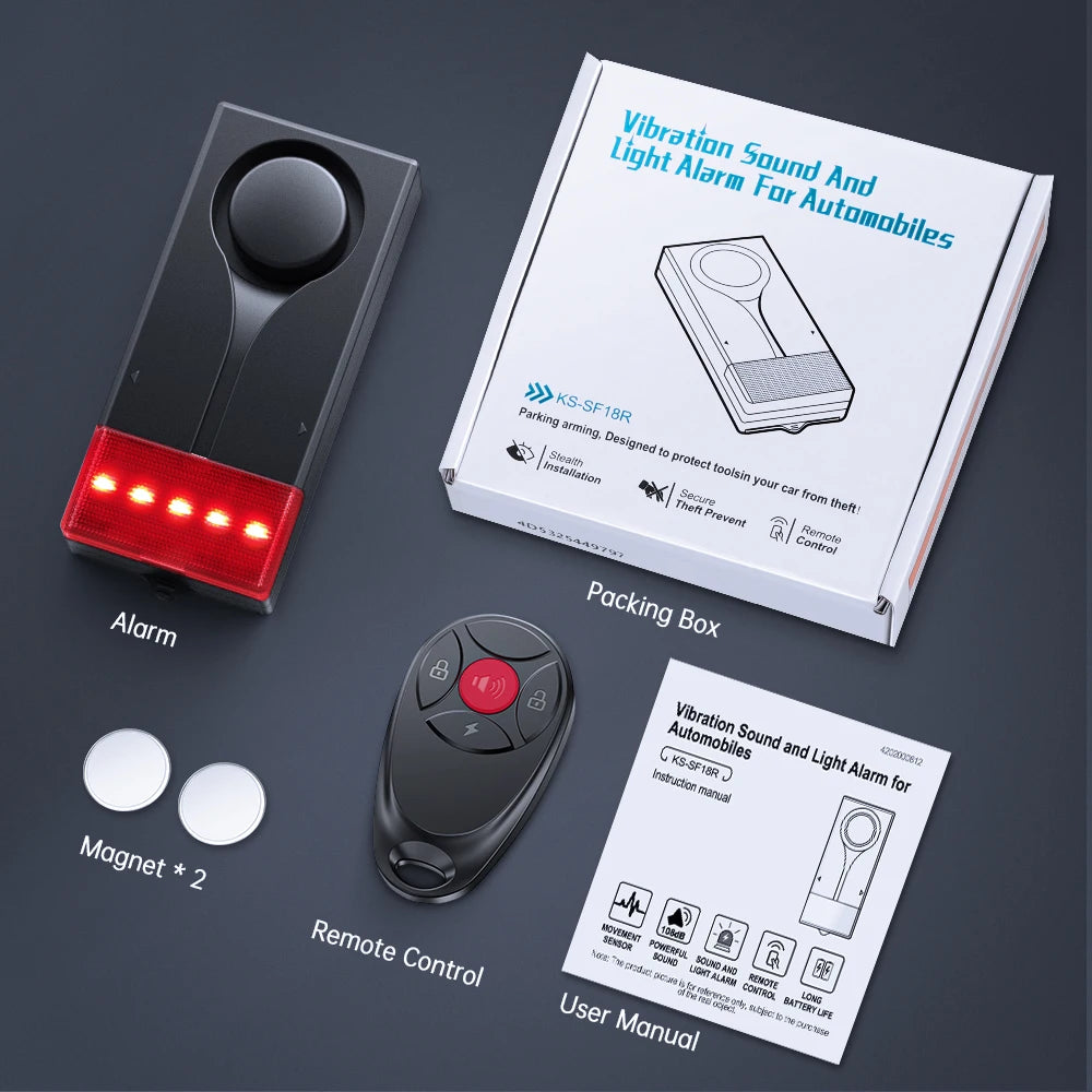 Wireless Car Vibration Alarm With Light 108dB Loud Car Door And Window Anti Theft Alarm Bike Motorcycle Security Alarm