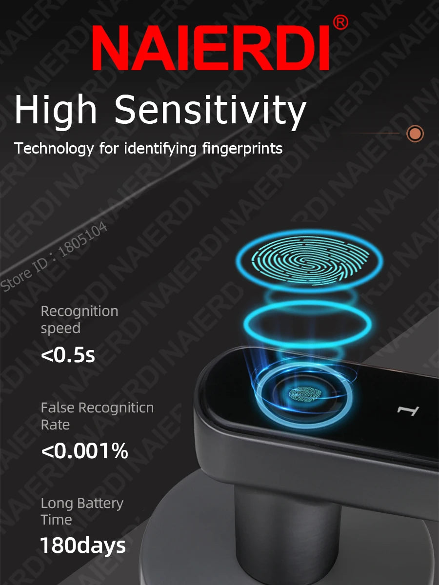 NAIERDI Smart Door Lock 5-1 Keyless Bluetooth Fingerprint Door Lock with Card Tuya APP Security Digital Door Lock with Handle