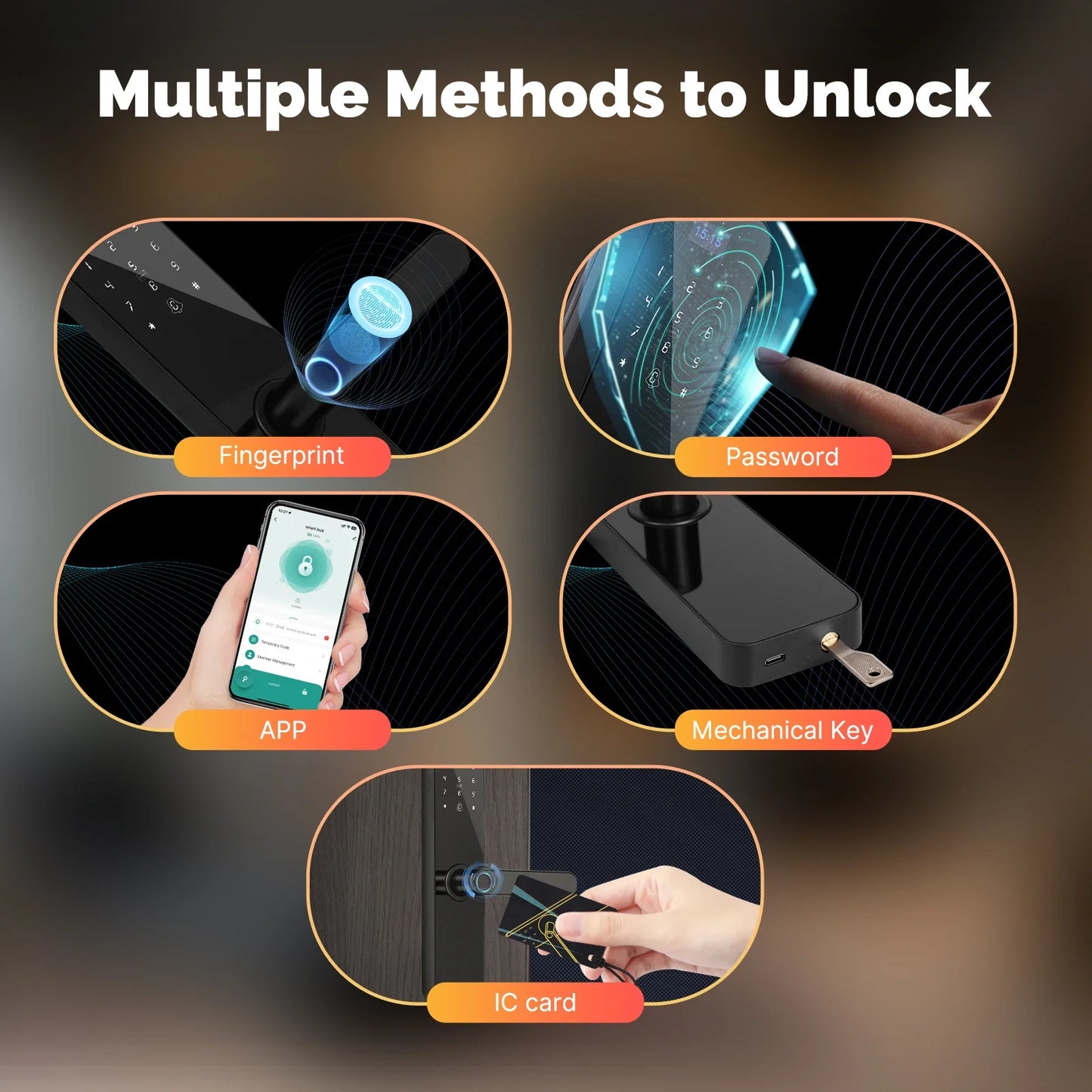 ‌MOES Smart Wooden Door Lock with Touchscreen - Bluetooth Fingerprint/Password/APP Unlock, Anti-Tamper Alarm, 6-Month Battery‌