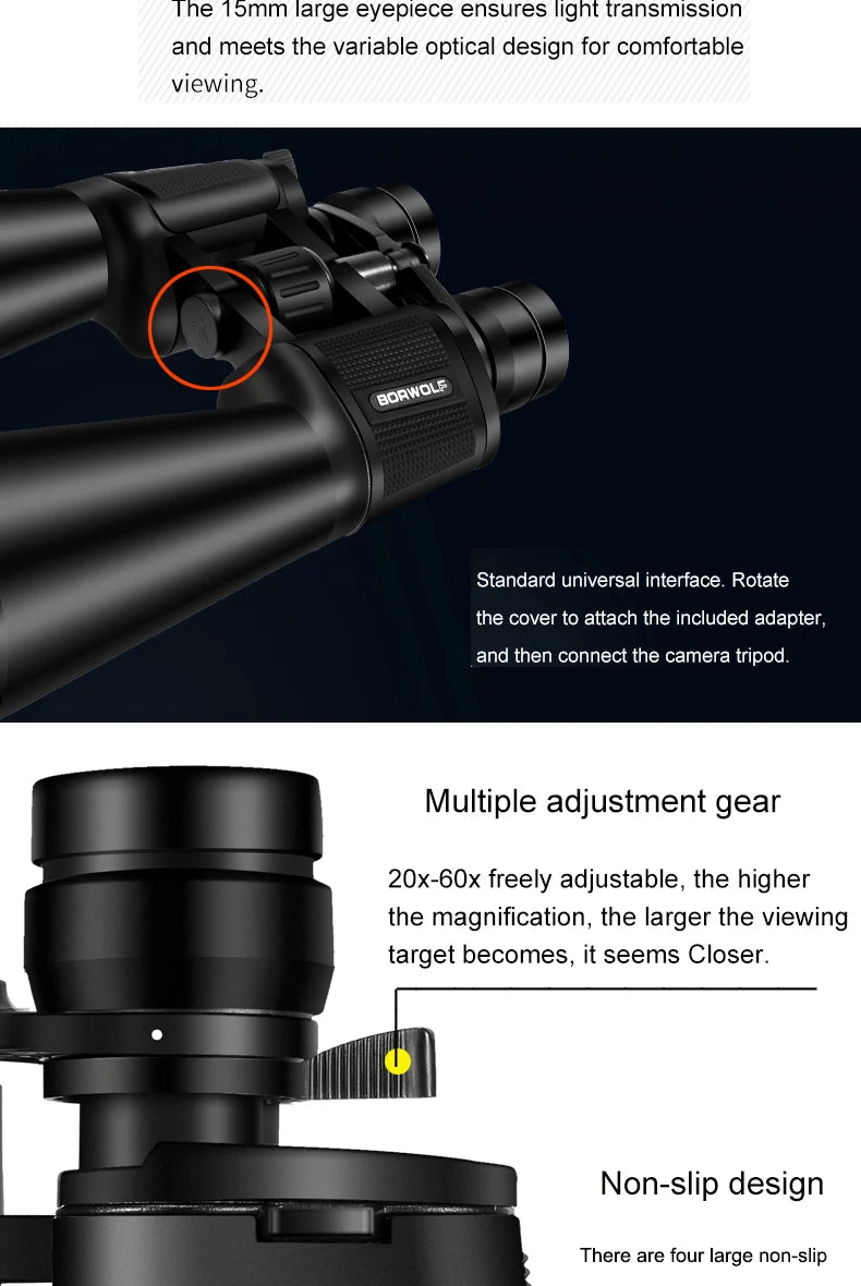BORWOLF Large Objective lens 20-60X70 Binoculars FMC Optical High Power Hunting Birdwatching Telescope Fo rMoon Watching
