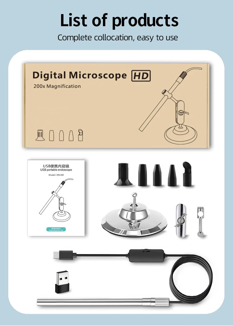 Handheld Digital Microscope Camera 1080P HD USB 8.5mm Inspection Camera 10x-200x Magnification Microscopes With 8 LED For USB C
