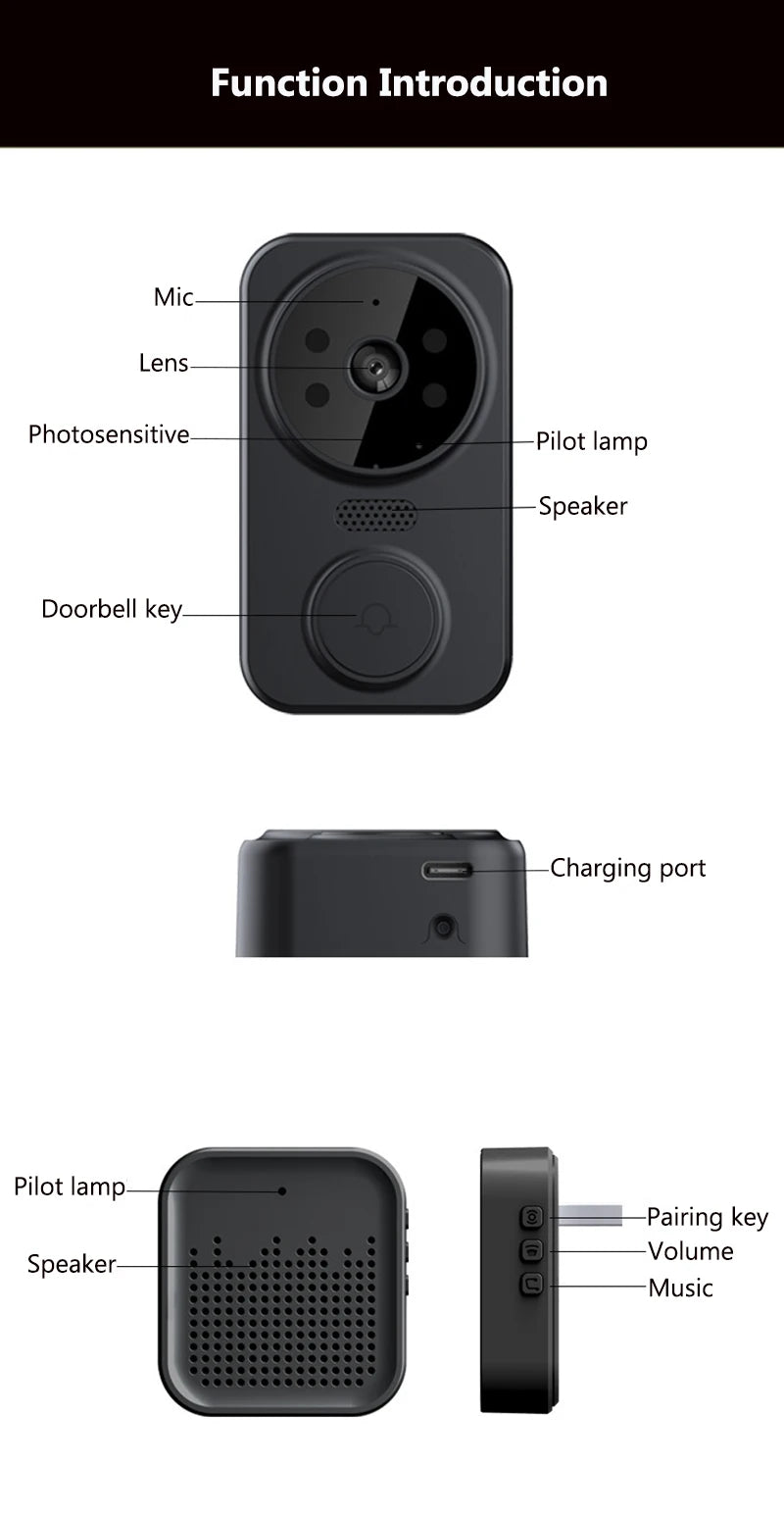 WiFi Video Doorbell Smart Home Door Bell Night Vision Wireless Visual Intercom Doorbell Two-Way Audio Visual Doorbell Monitoring