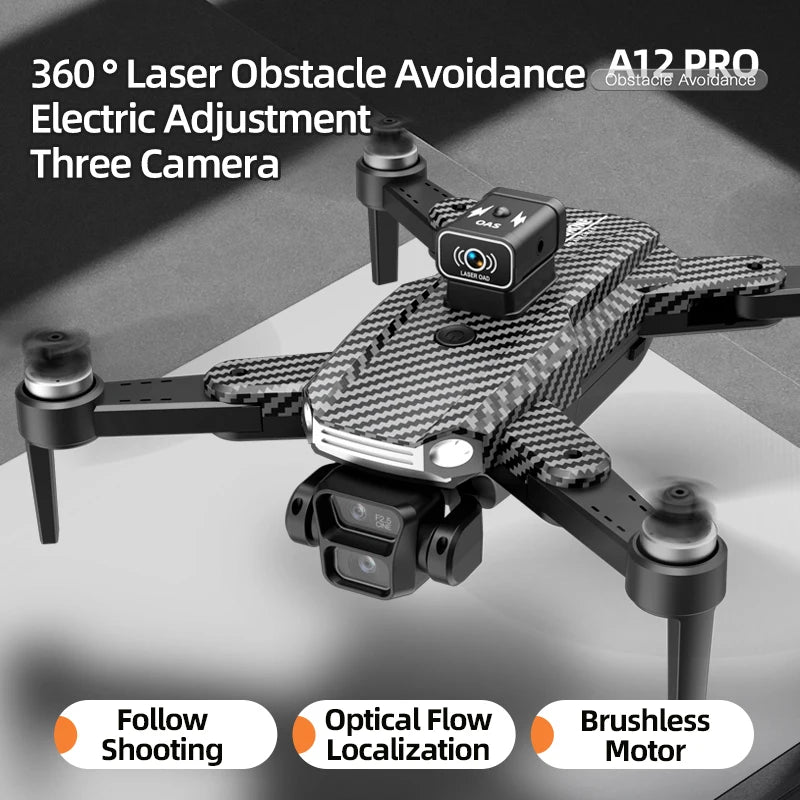 A12 PRO Drone: 360° Laser Avoidance, 3-Cam Electric Adjust, Brushless Motor, Optical Flow Follow, Foldable High-Perf