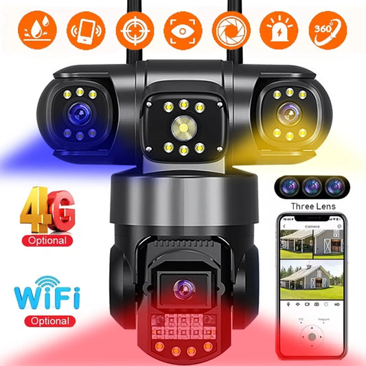 Security WiFi IP Camera Outdoor 12MP 6K Triple Lens Security Video Monitor Night Vision Wireless Cameras Motion Detection Alert